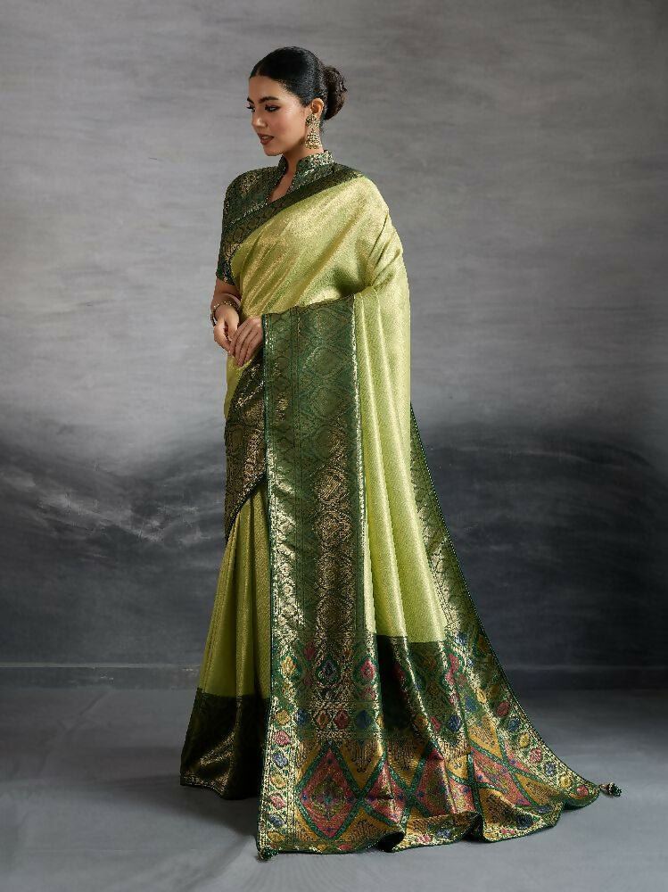 PR Fashion Green Kanjivaram Soft Silk Kadiyal Pattern Double Zari Woven Patta, Meenakari Woven Pallu Saree