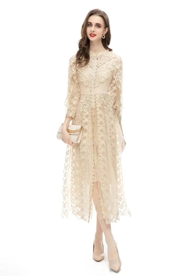 Women's Embroidered Mesh Lace Long Dress with Sheer Details - Image 7