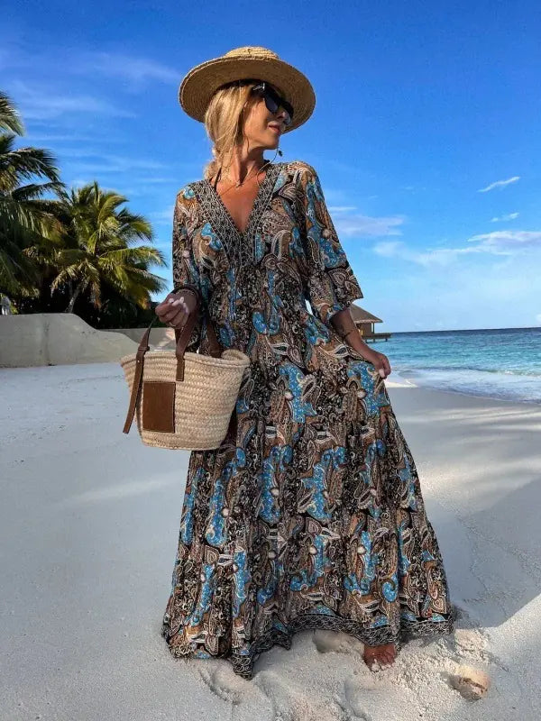 Women's Bohemian V-Neck Floral Maxi Dress
