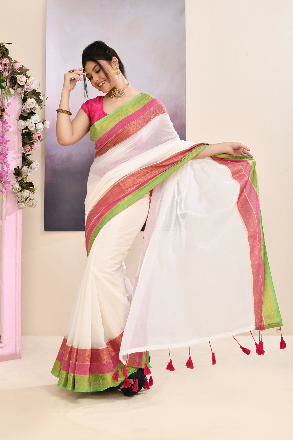 Off White Cotton Saree with Embellished Zari Border