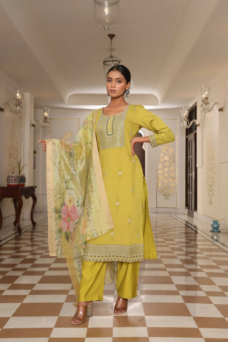 Women's Light Yellow Cotton Silk Floral Print Embroidered Kurta Set