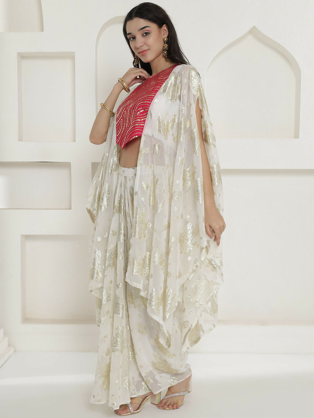 White & Pink Kaftaan with Skirt Set - Hand Embellished Chinnon