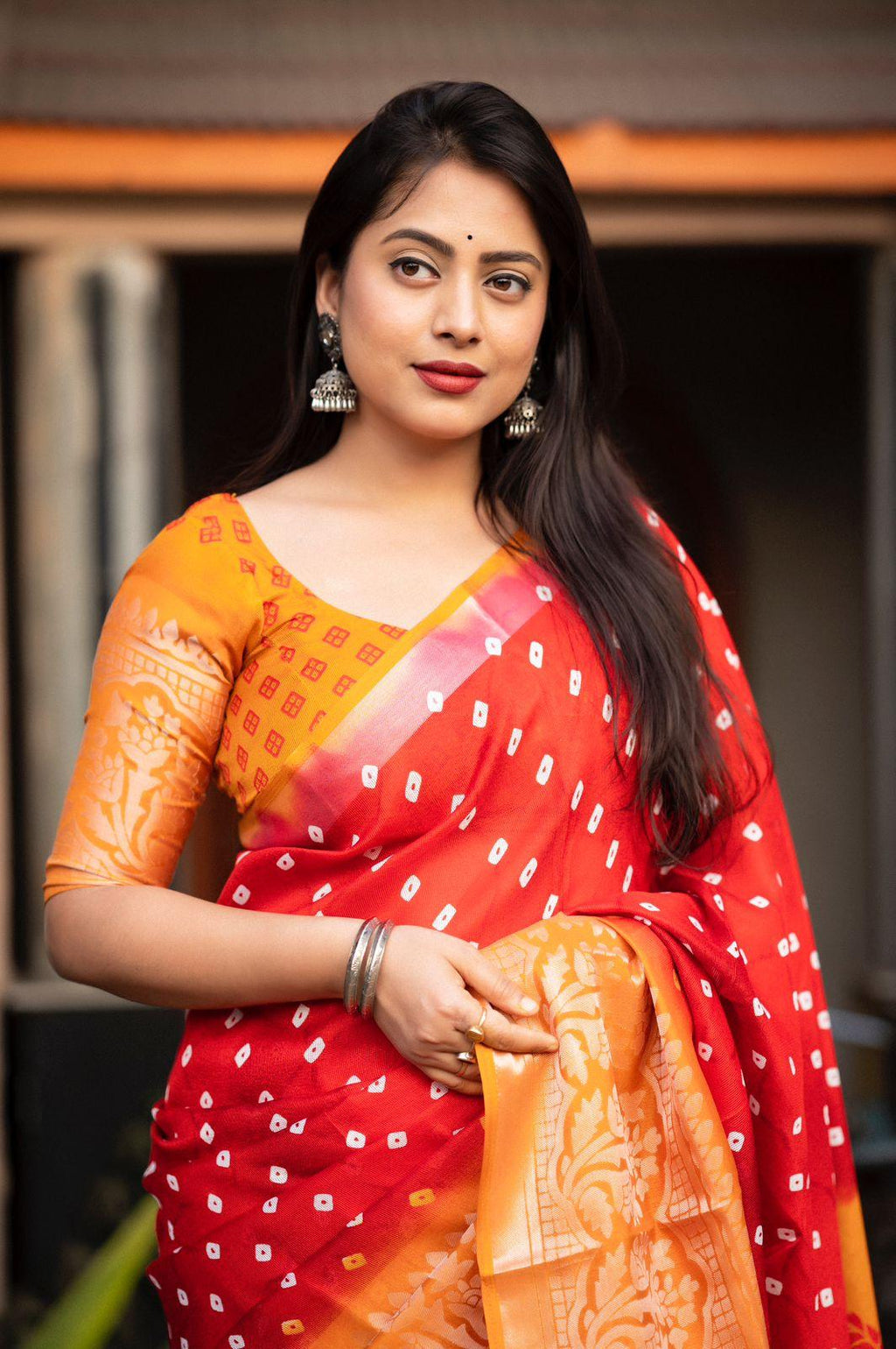 Red Jute Silk Bandhani Print Saree with Unstitched Blouse