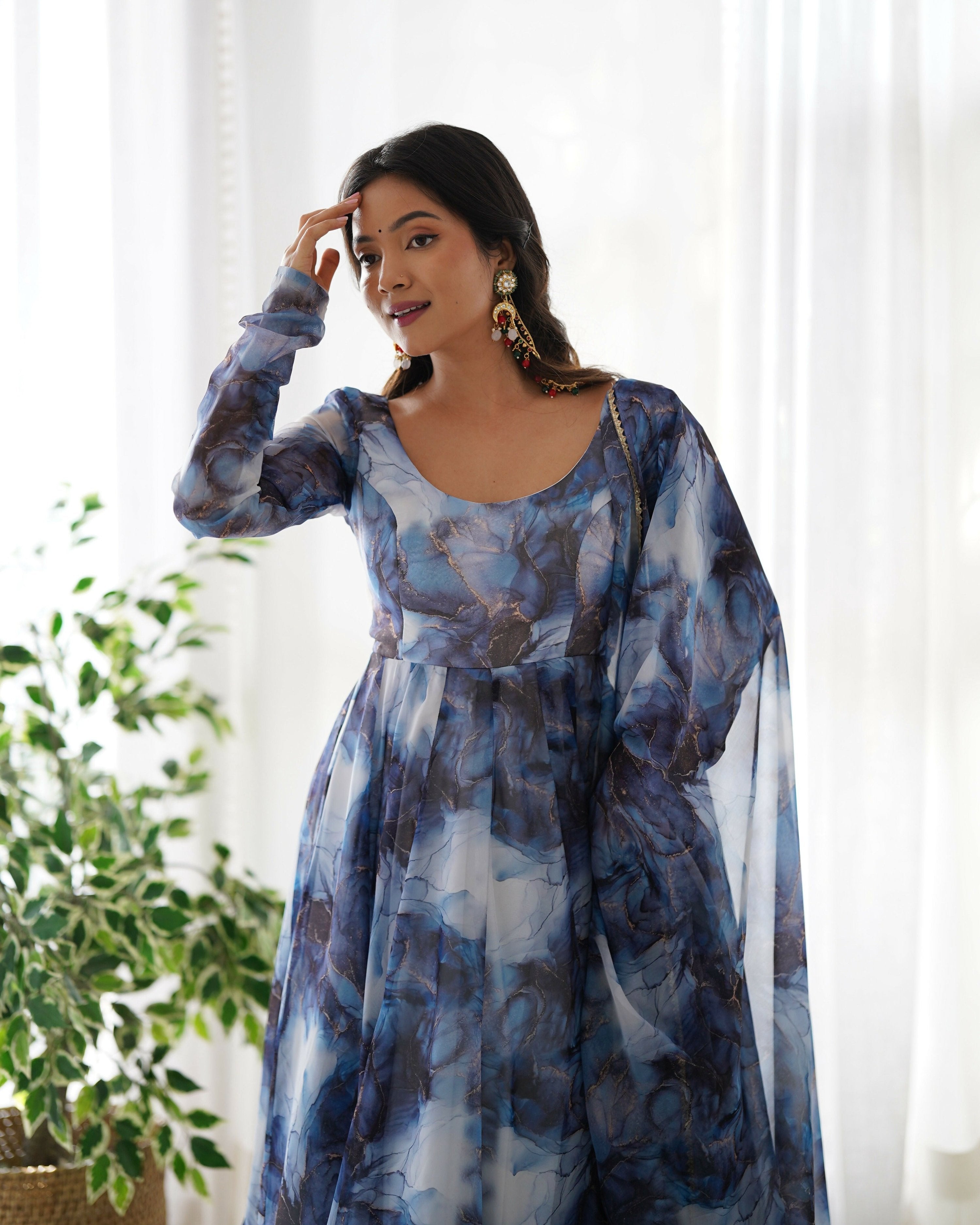 Joban Fashion Navy Blue Kurta Set Organza Sequin Embroidery Work