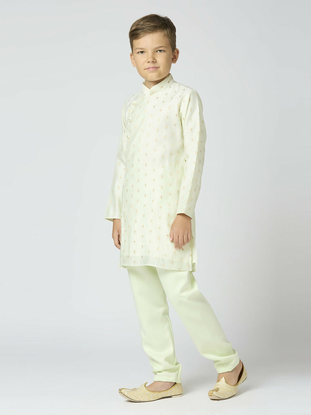 Boys Pista Chanderi Kurta and Pyjama Set with Traditional Butta