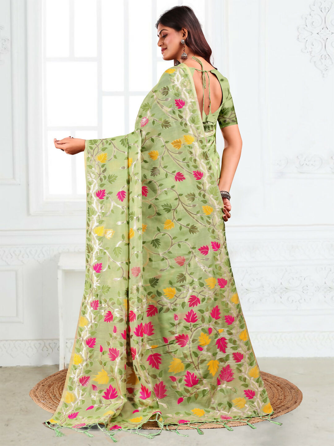 Light Green Linen Cotton Saree with Matching Blouse
