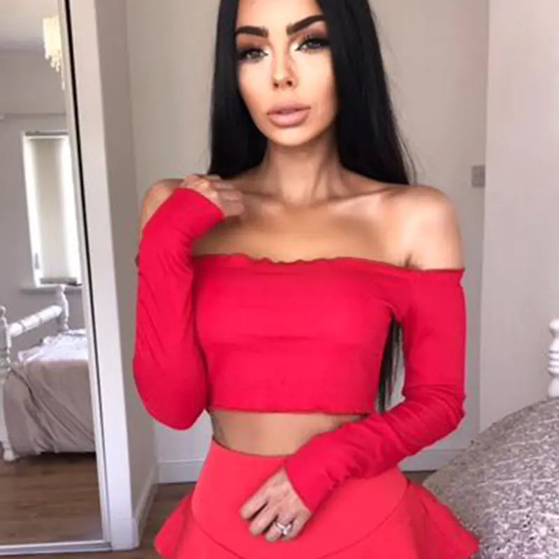 Women's Ribbed Off-Shoulder Long Sleeve Crop Top T-Shirt - Image 5