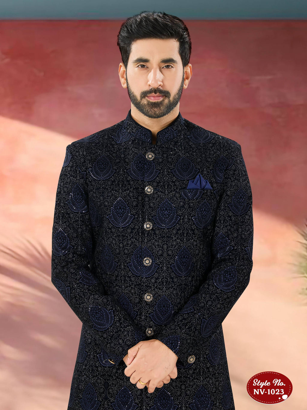 Men's Blue Velvet Indo-Western Kurta Set with Thread & Sequence