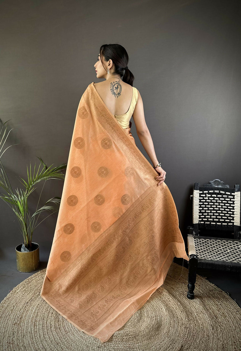 Orange Floral & Paisley Linen Silk Banarasi Saree