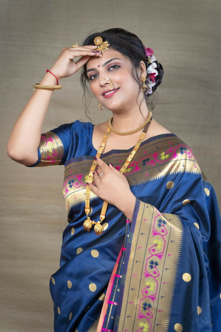 Blue Paithani Silk Zari Woven Saree with Matching Blouse Piece