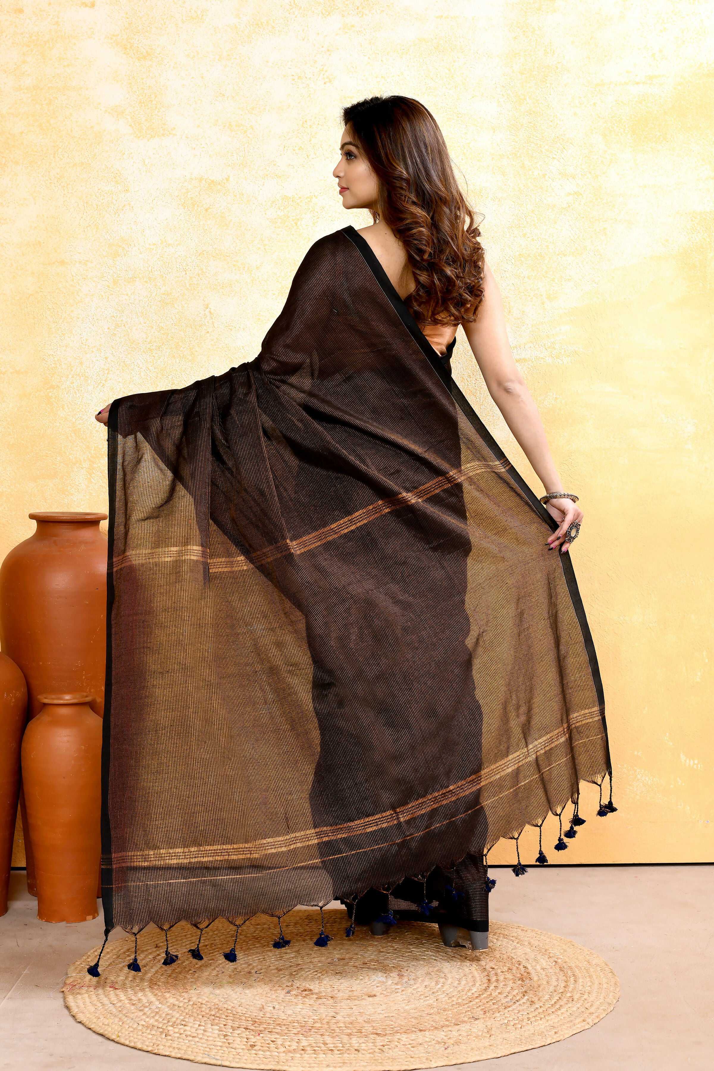 Black Embellished Cotton Blend Zari Check Handloom Saree