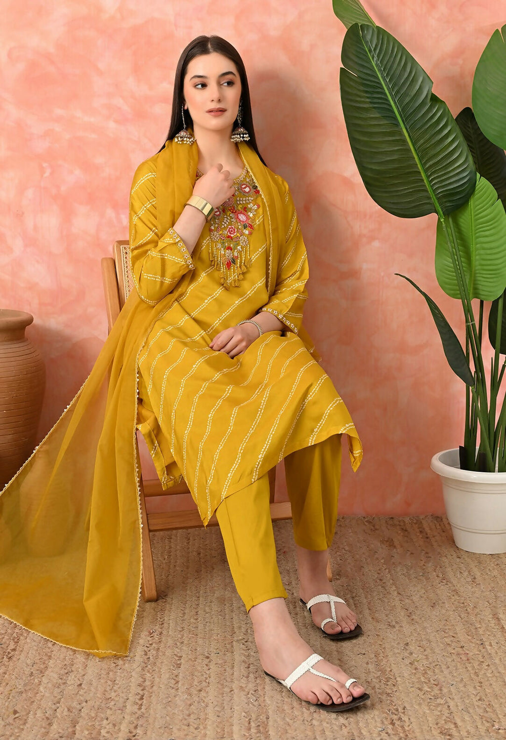 Mustard Pure Viscose Dola Silk Kurta Set with Handwork & Organza Dupatta