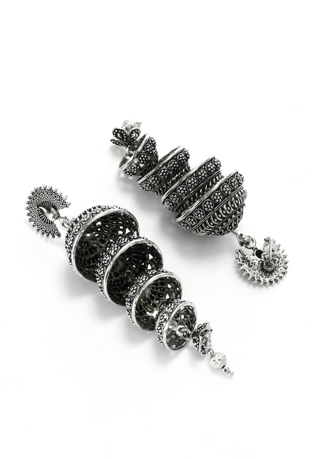 Elegant Peacock Motif Silver Colour Statement Earrings