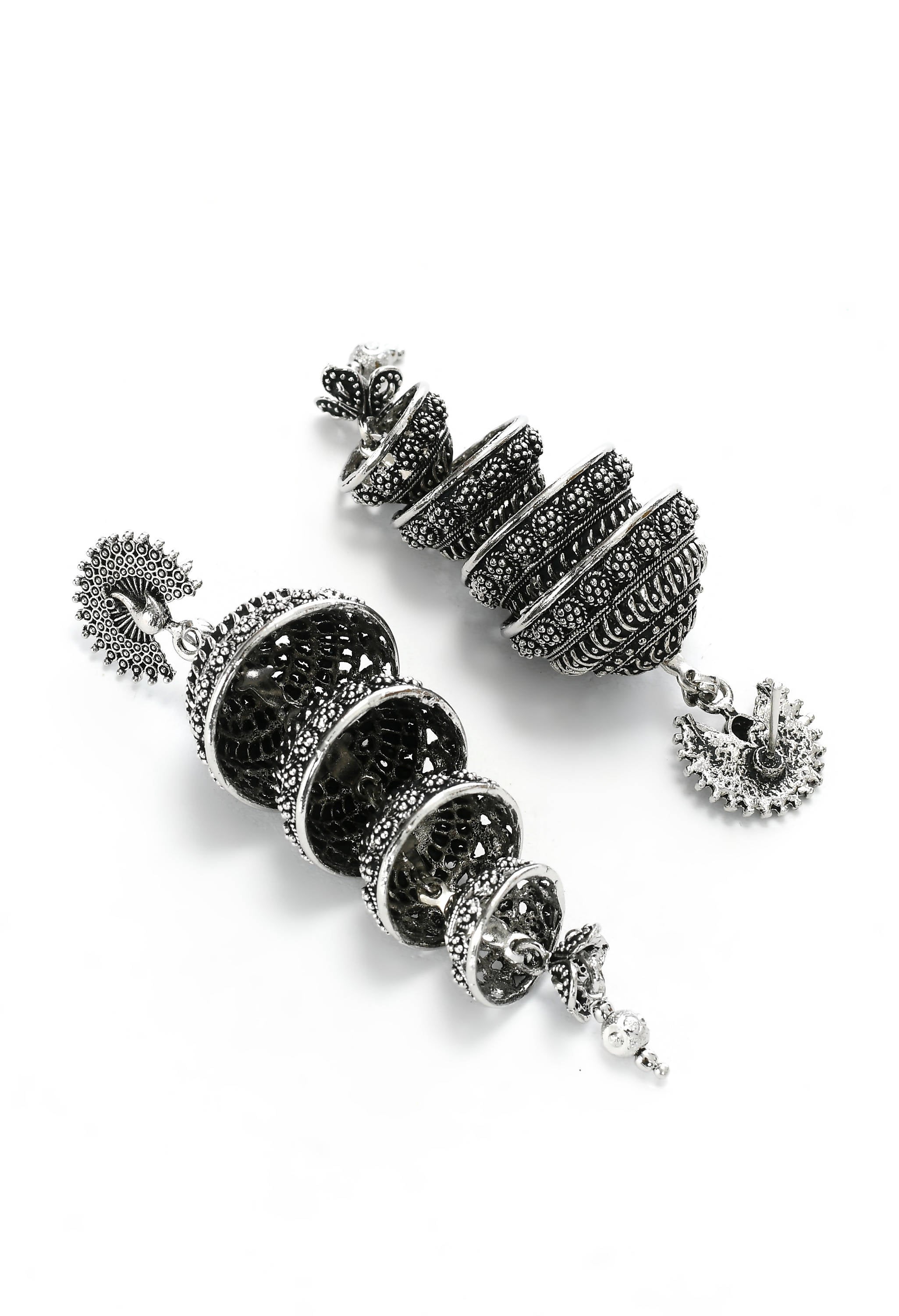 Elegant Peacock Motif Silver Colour Statement Earrings