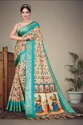 Multi-colored digital print and jacquard weave cotton silk saree