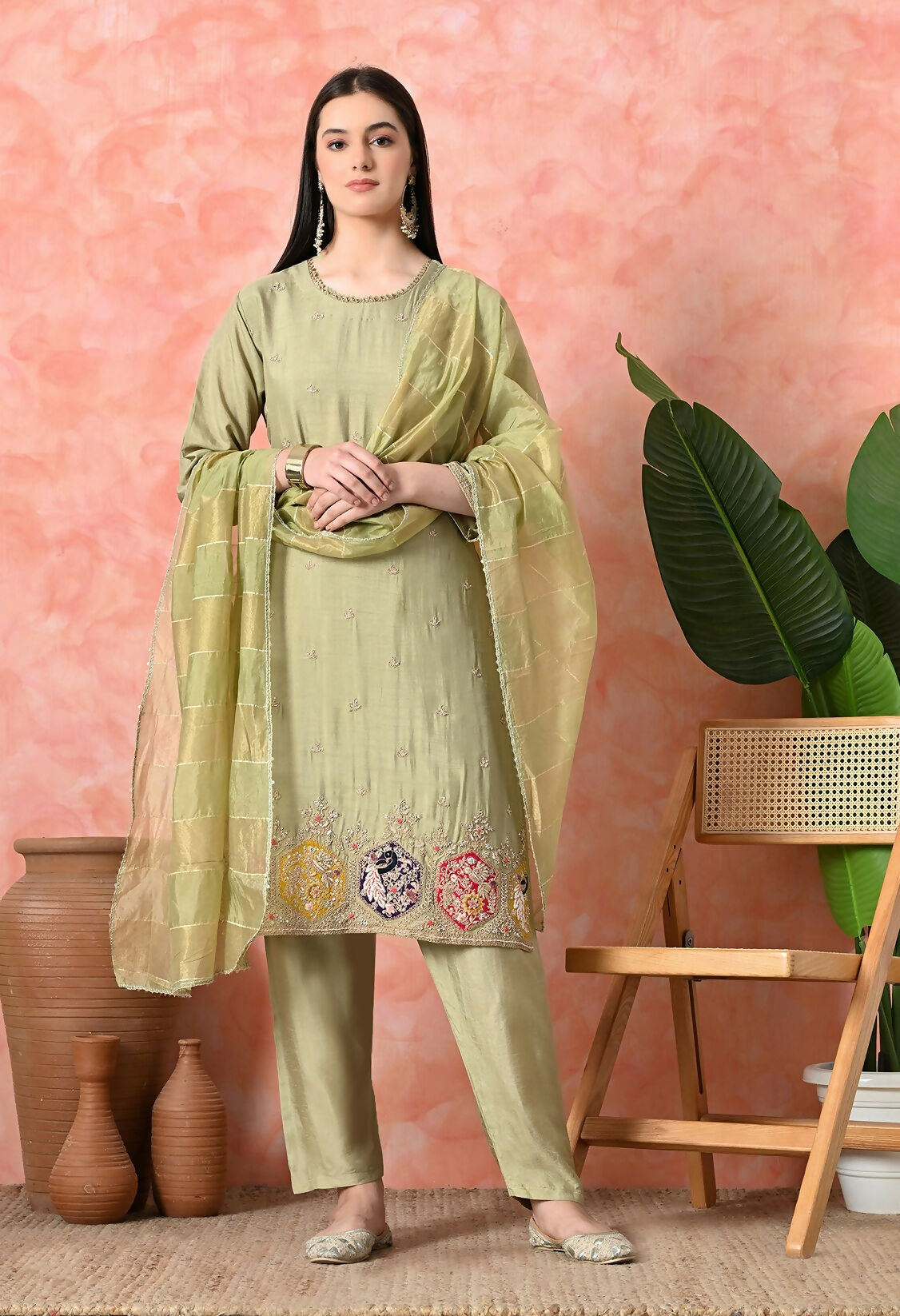 Light green pure viscose dola kurta set with traditional handwork and organza dupatta