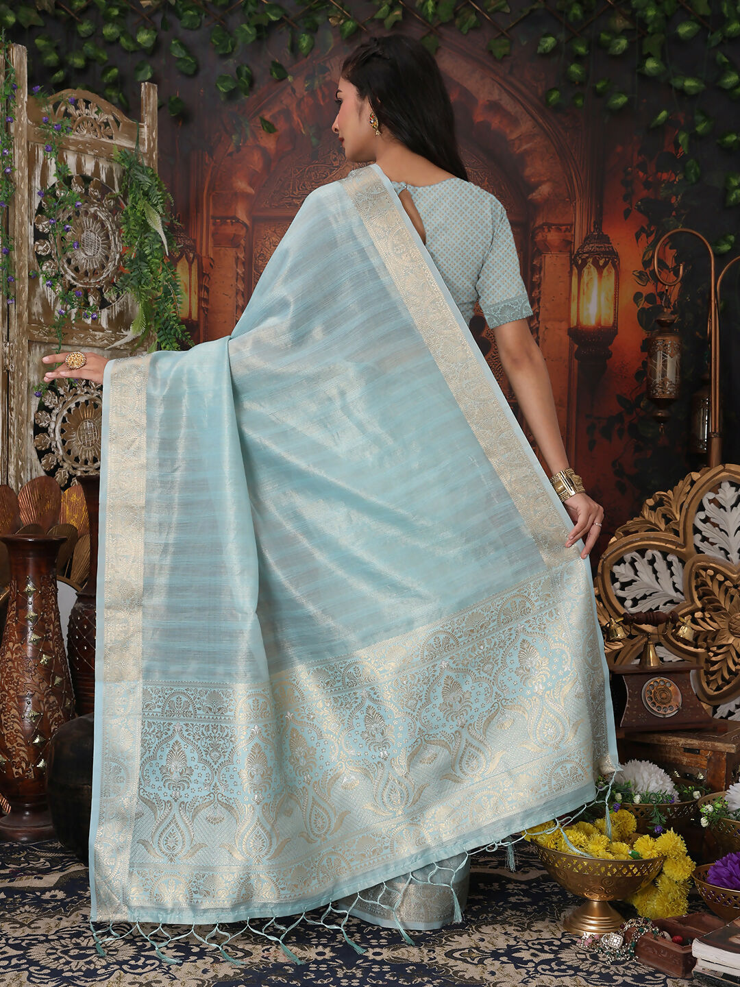 Sky Blue Organza Saree with Matching Blouse Piece