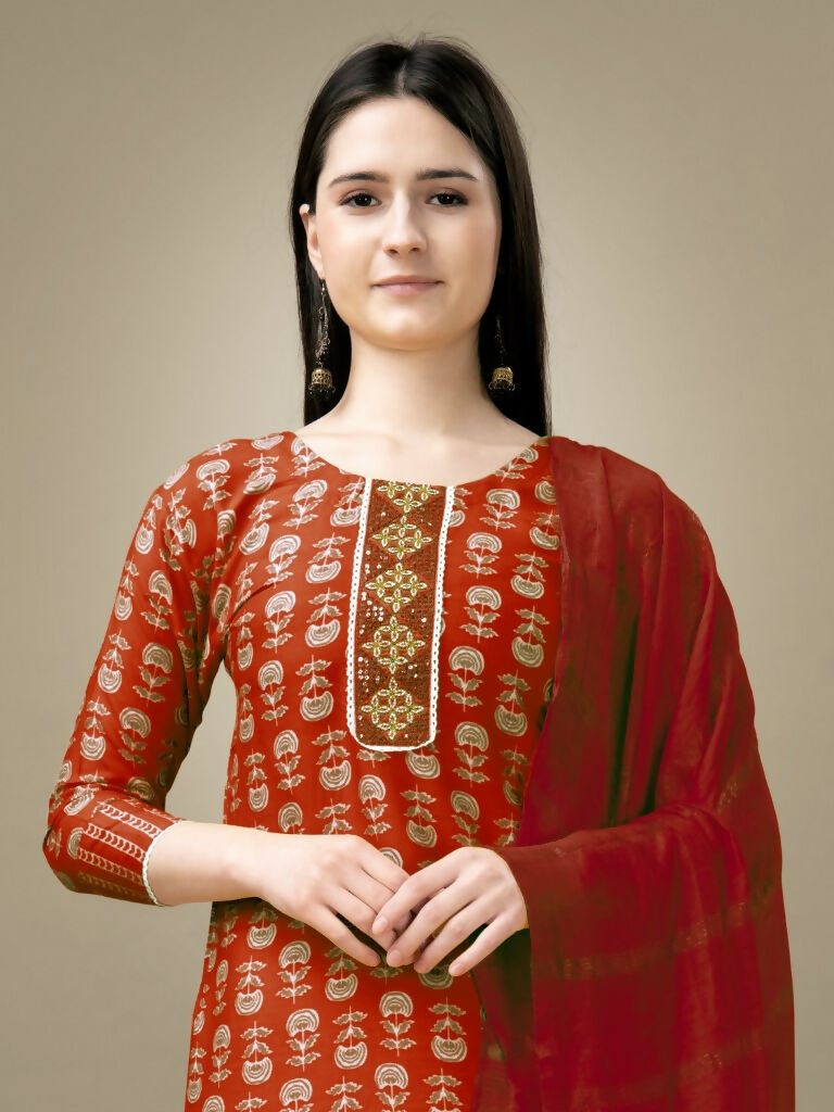 Women's Maroon Rayon Embroidered Straight Kurta with Trouser & Dupatta