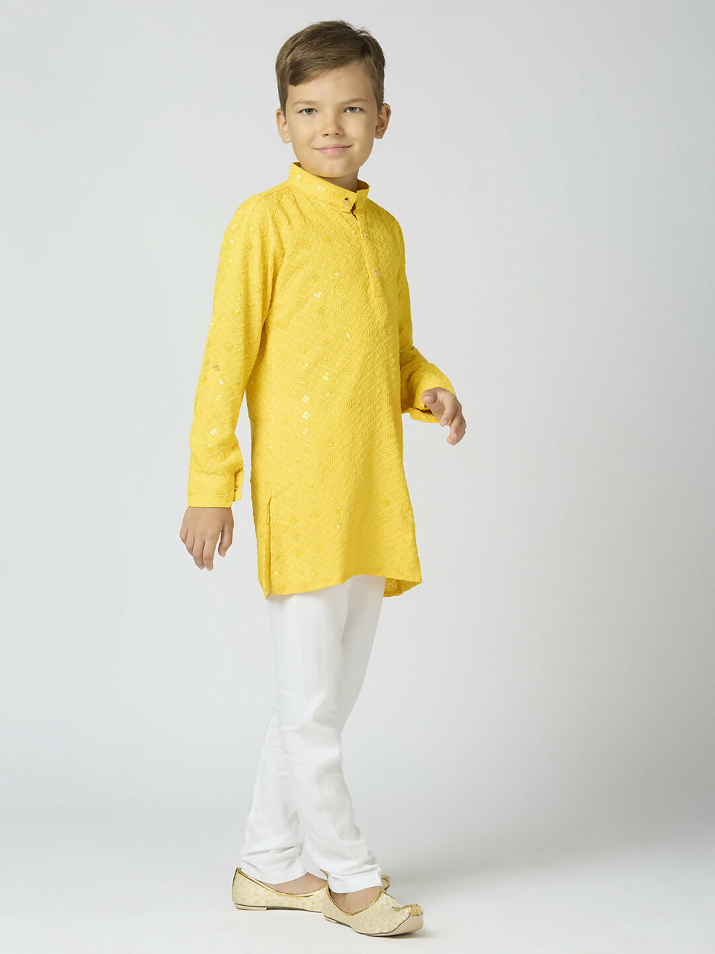 Kids Yellow Cotton Kurta and Pyjama Set with Sequin Work