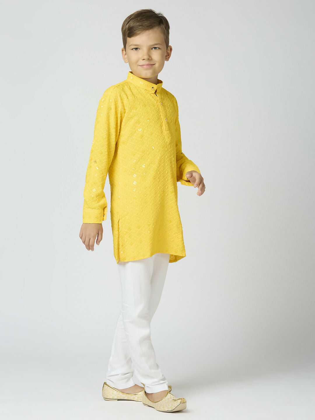Kids Yellow Cotton Kurta and Pyjama Set with Sequin Work