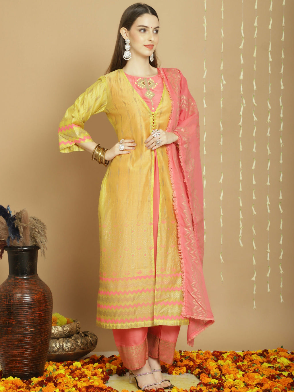 Women's Yellow Chanderi Silk A-Line Kurta Set with Jardoshi Work