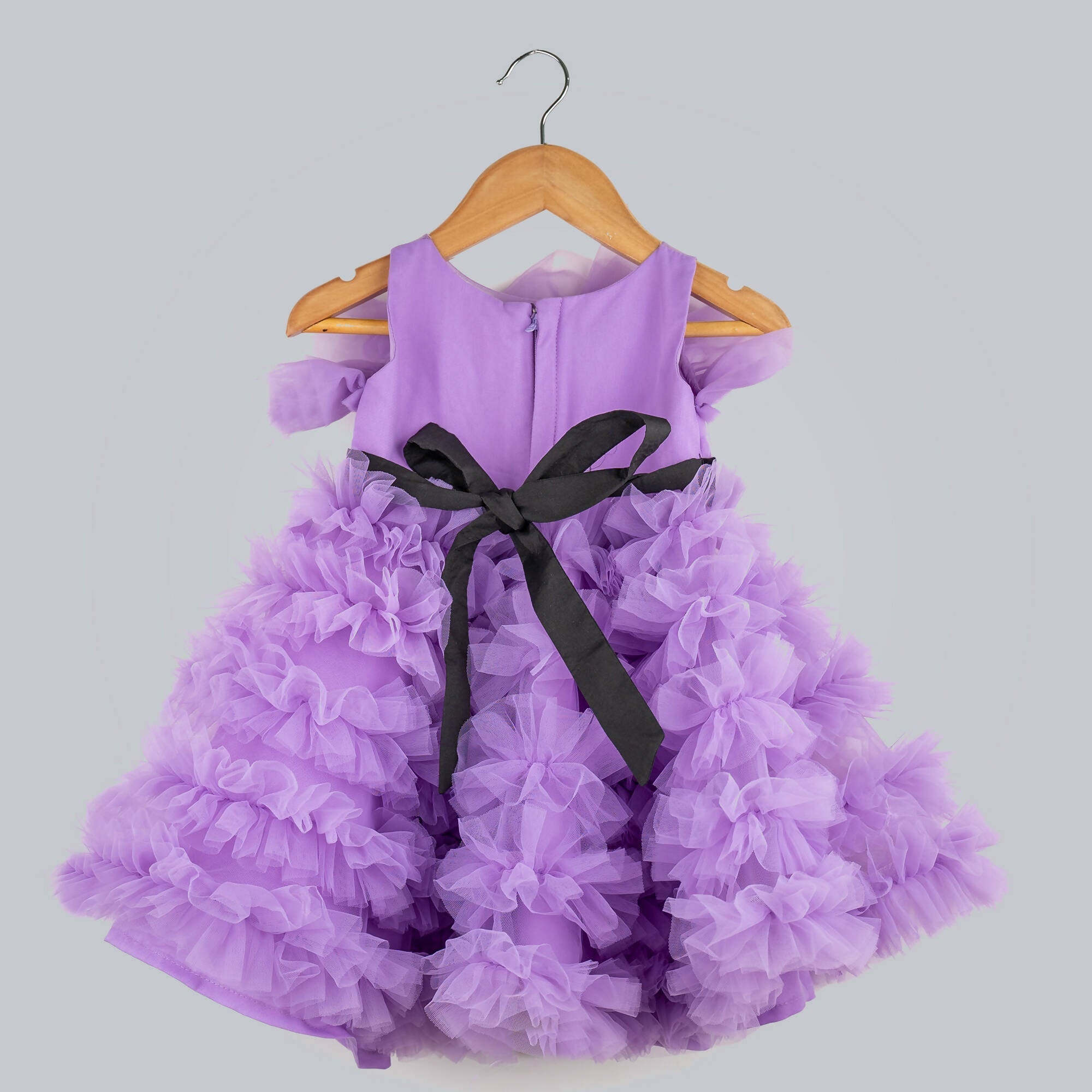 Purple Net Frilled Party Dress with Velvet and Pearl Accents