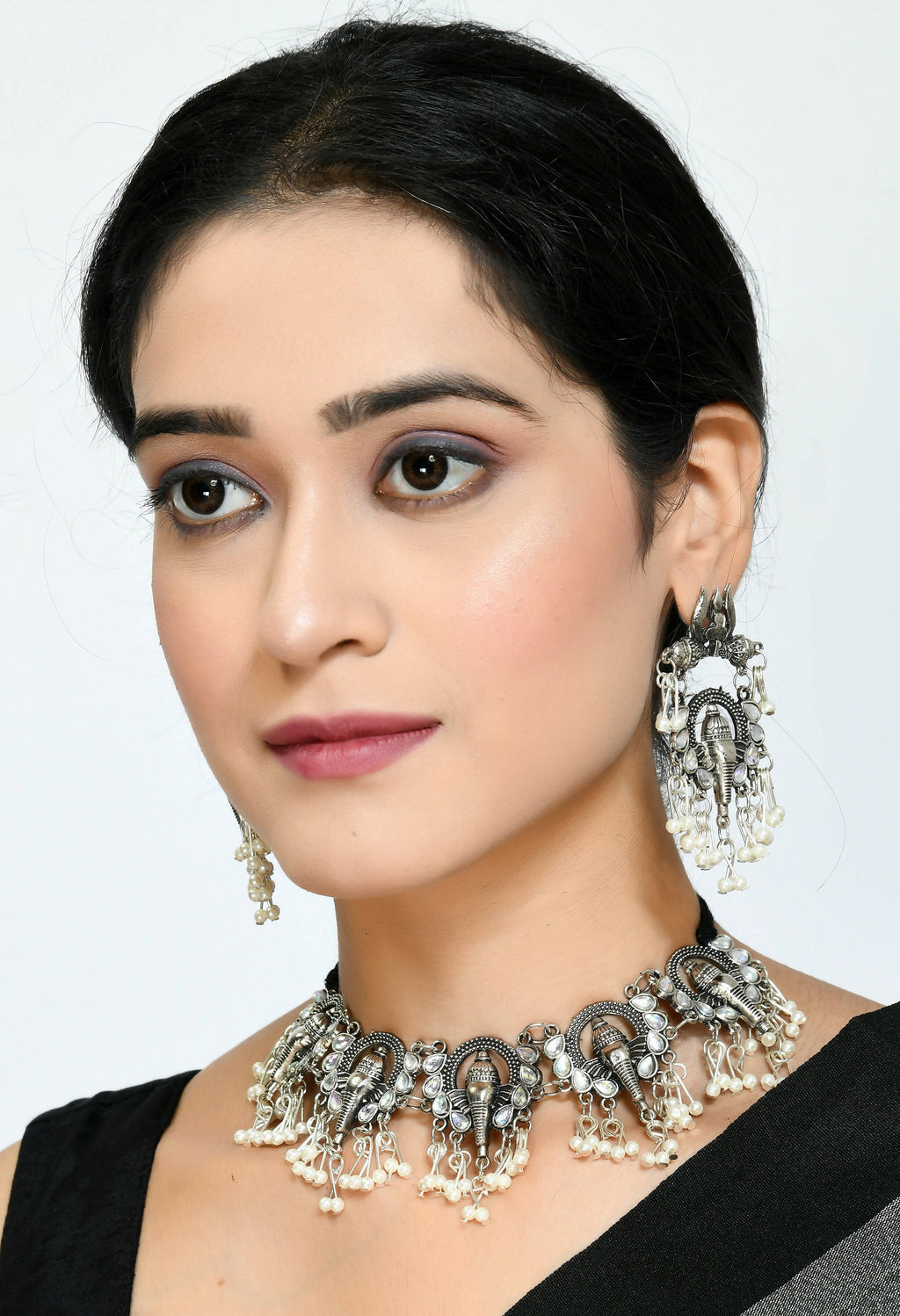 Oxidised Silver-Plated Ganesha Design Choker Necklace Set