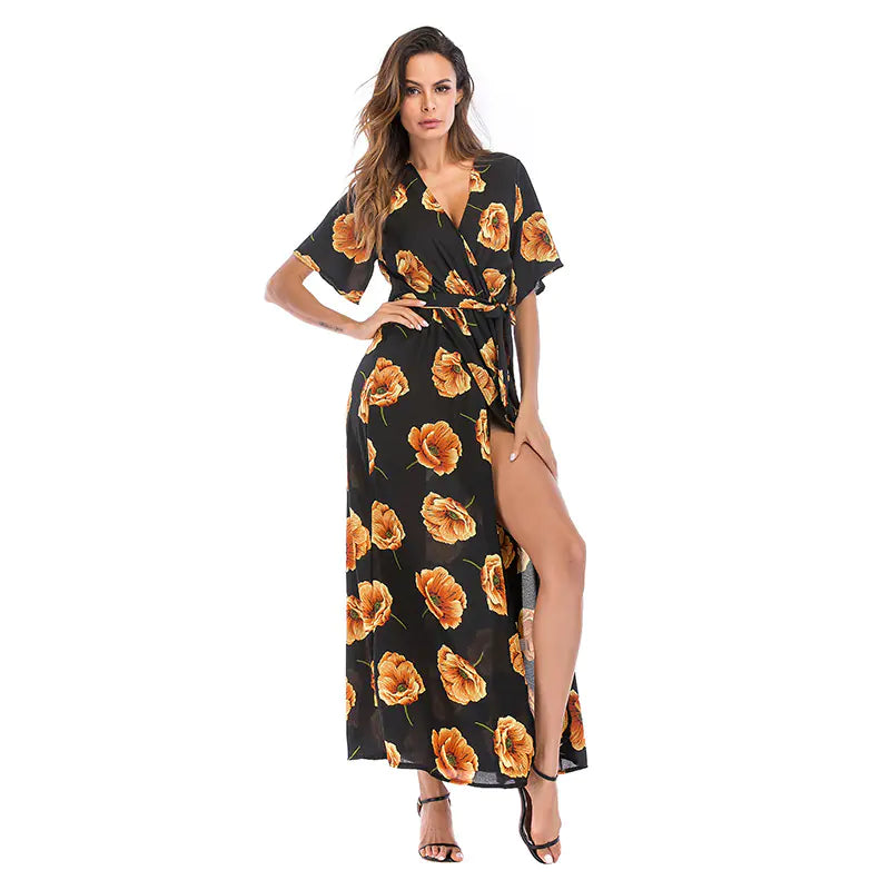 Women's Navy Blue Feather Print V-Neck Summer Maxi Dress - Image 17