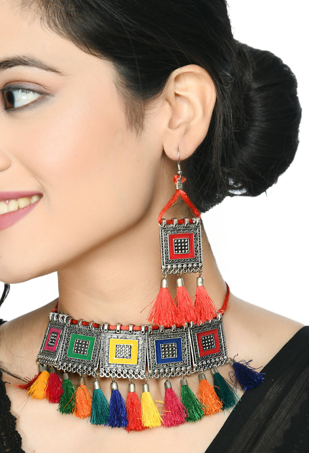 Multi-Color Oxidised Silver-Plated Brass Tassel Choker