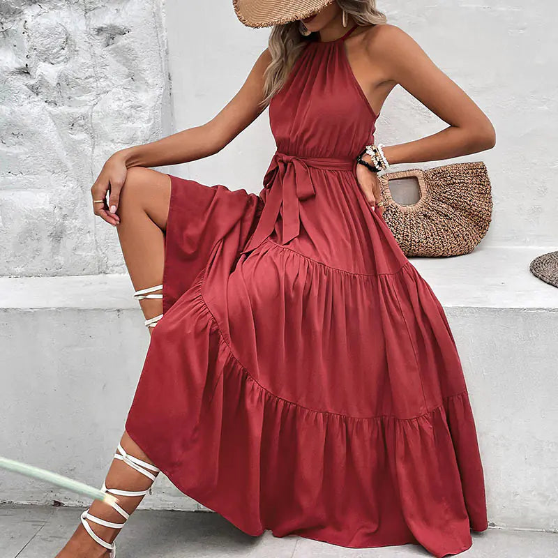 Women's Wine Red Halter Midi Dress with Tiered Ruffle Hem - Image 6