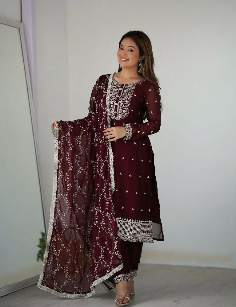 Wine Silk Kurta Set with Intricate Sequence Embroidery Work