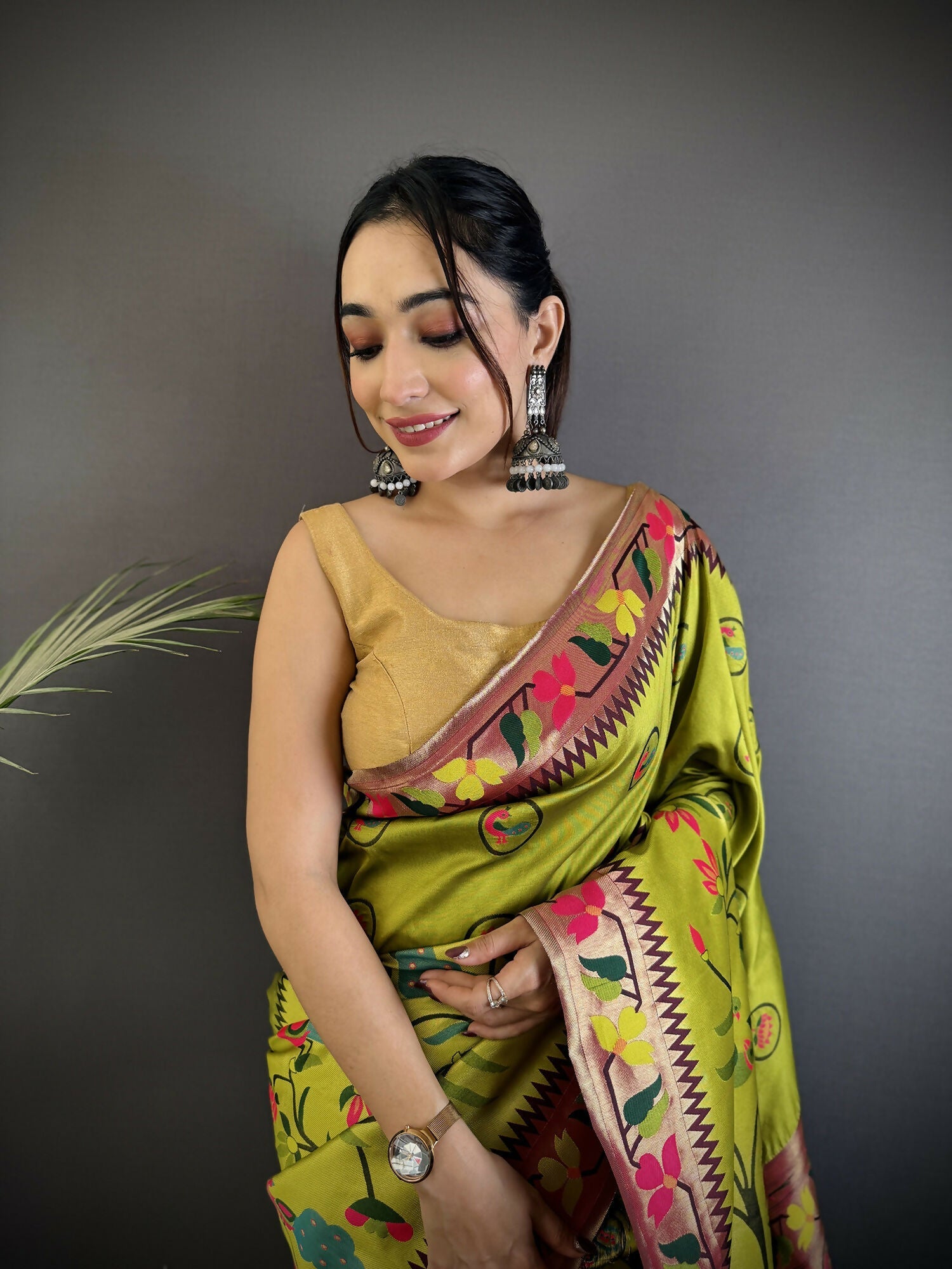 Light Green Paithani Soft Silk Meenakari Saree