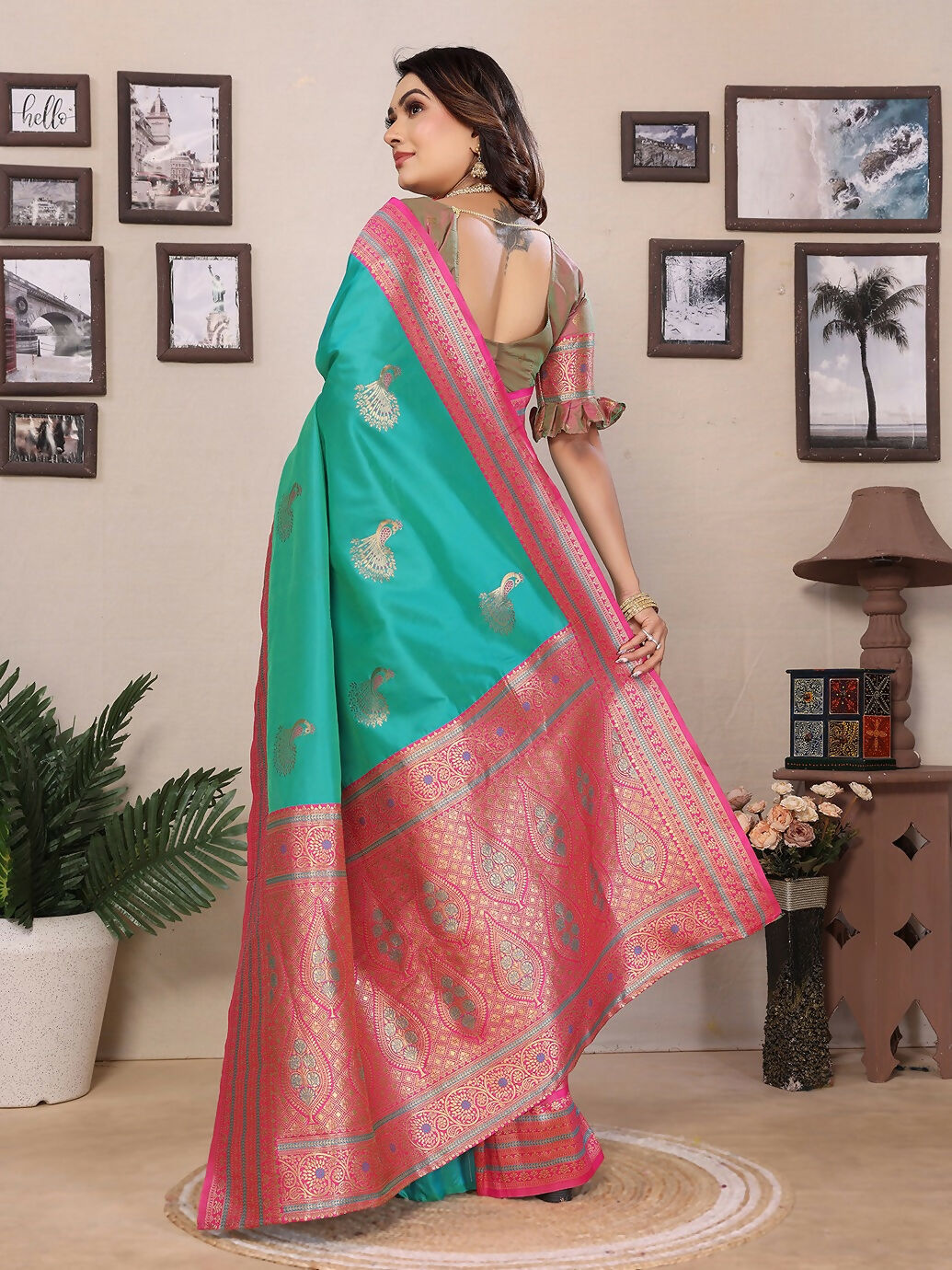 Turquoise Banarasi Soft Silk Saree with Small Butti Work