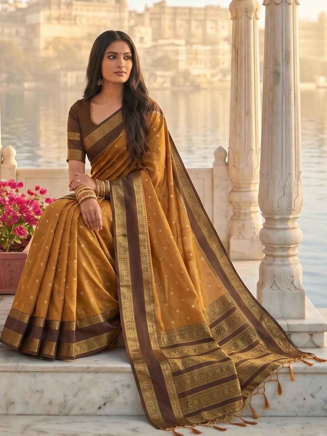 Mustard Silk Blend Saree with Matching Blouse