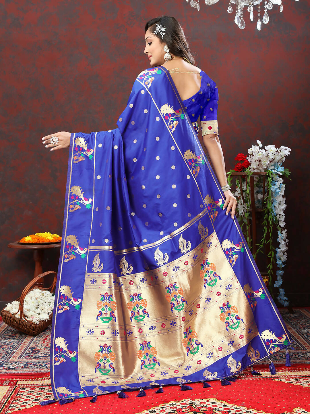 Blue Soft Paithani Silk Saree with Gold Zari Meenakari Weaving