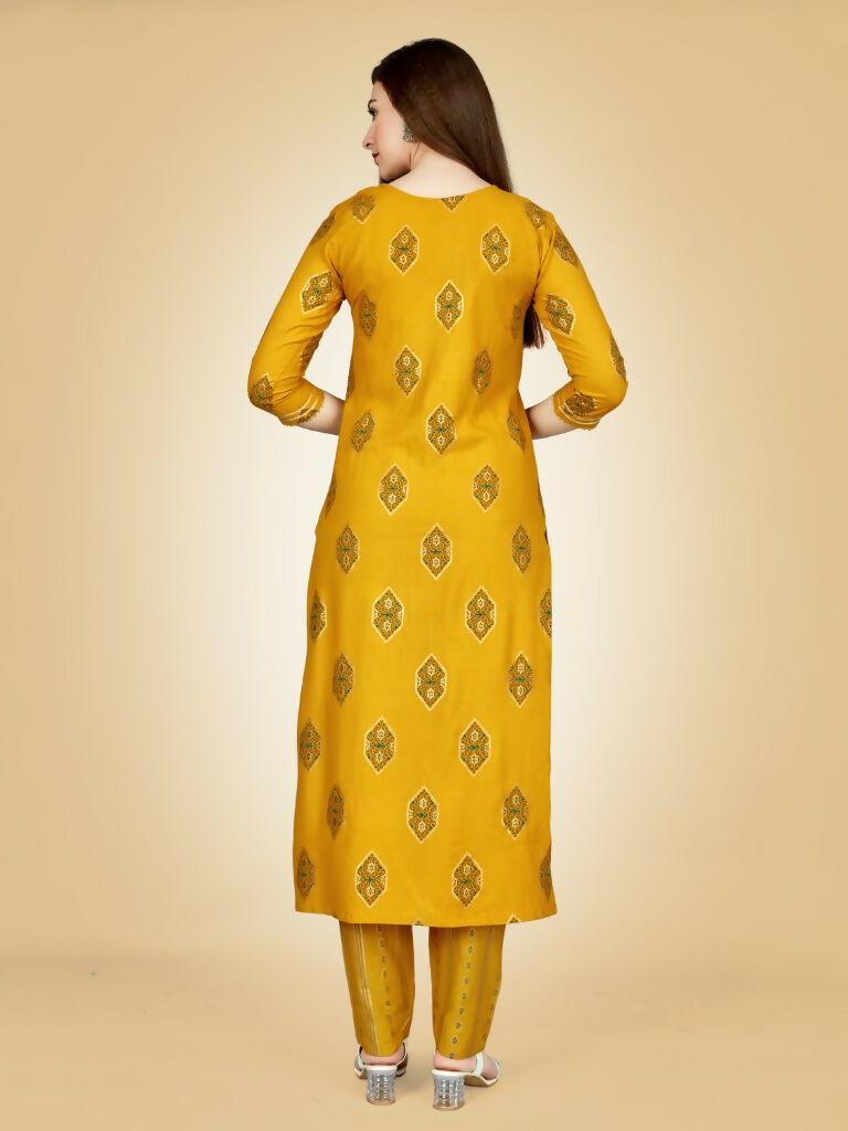 Women's Yellow Viscose Rayon Embroidered Kurta Pant Set