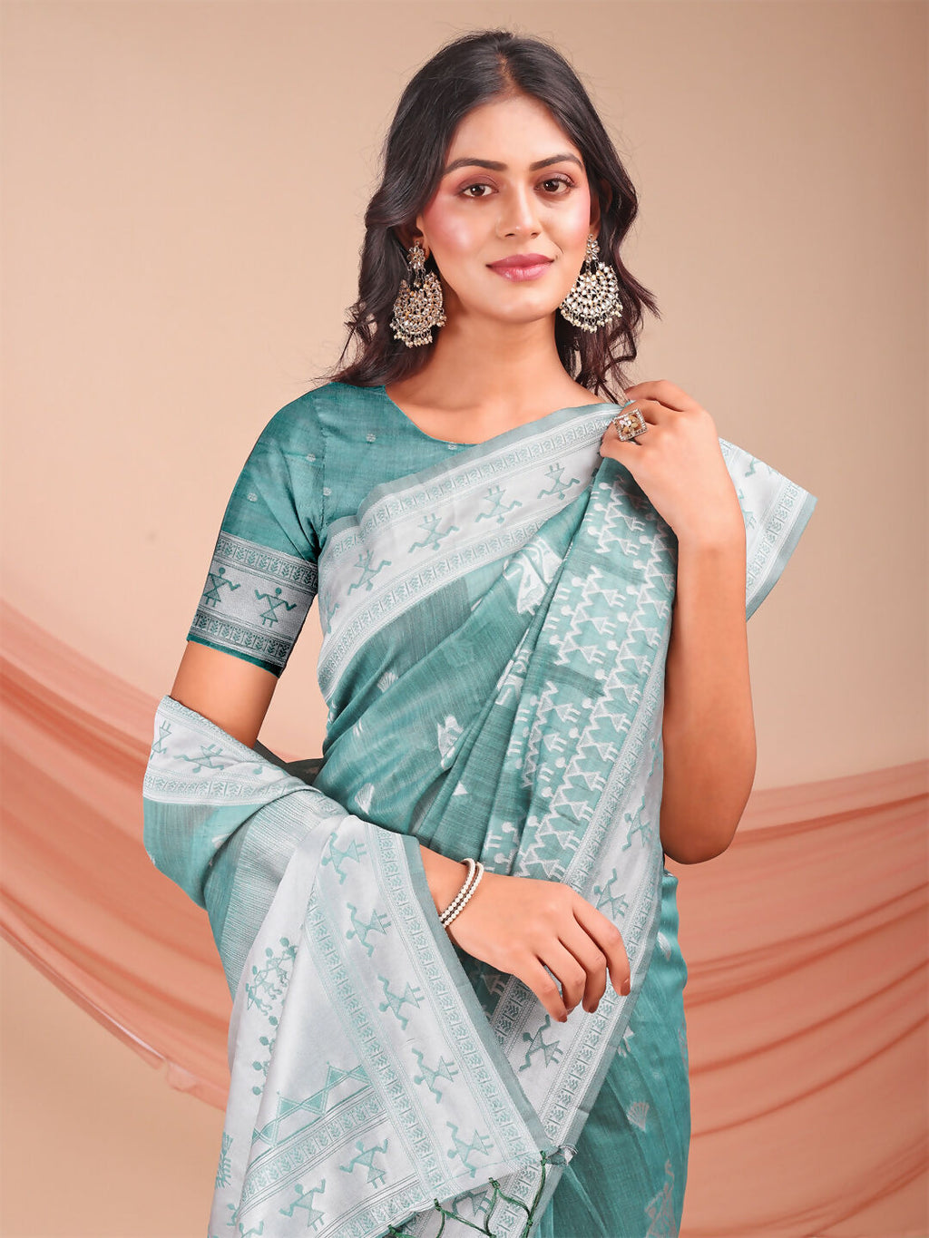 Varnika Sea Green Linen Cotton Saree with Matching Blouse Piece