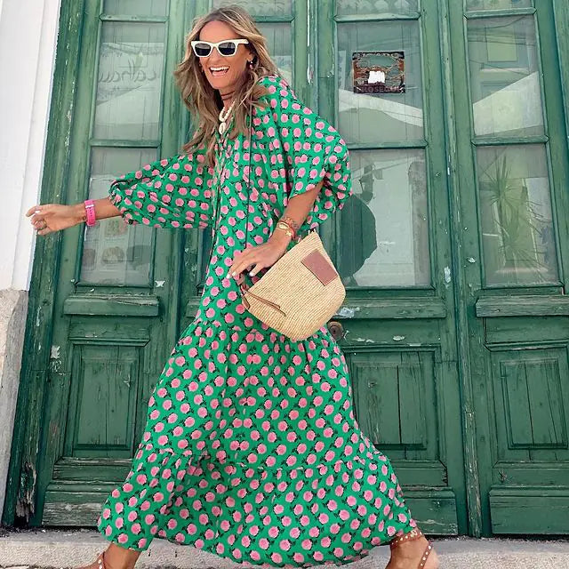 Women's Diamond Print Maxi Dress with V-Neck and Puff Sleeves - Image 16