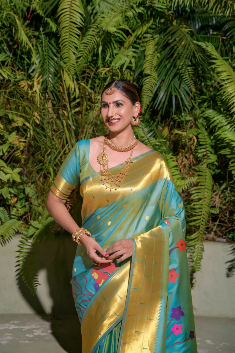 Firozi Paithani Silk Saree with Gold Zari Woven Finish