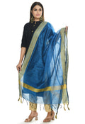 Close up of Blue Handloom Cotton Dupatta with self-work texture and elegant drape