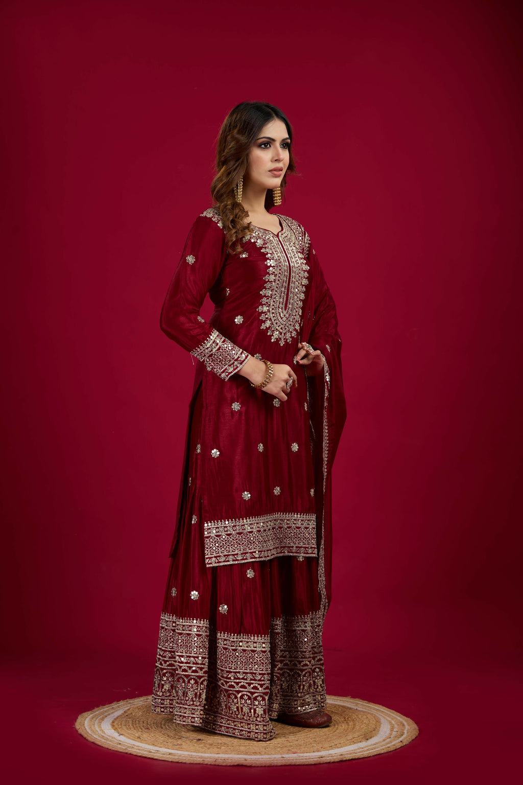 Maroon Silk Kurta Set with Sequins, Zari, and Thread Embroidery