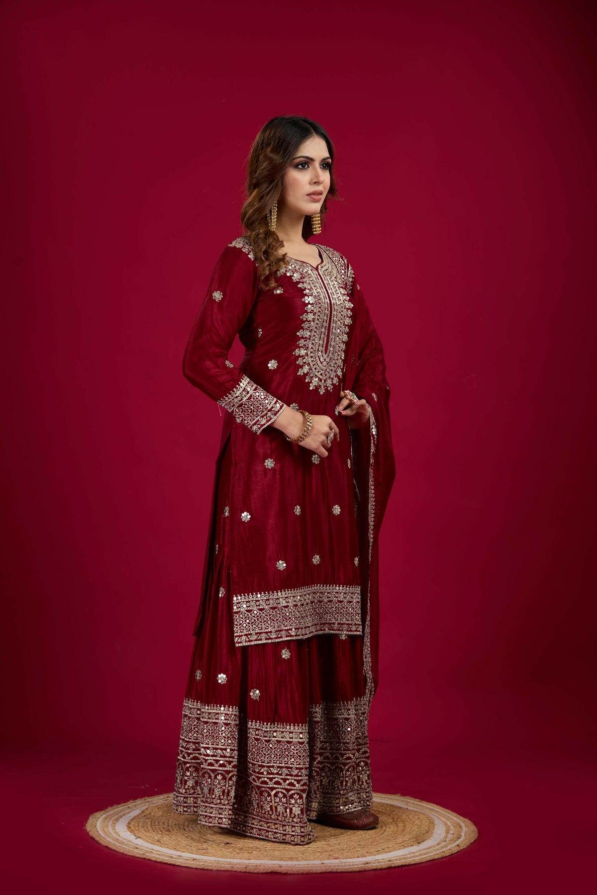 Maroon Silk Kurta Set with Sequins, Zari, and Thread Embroidery
