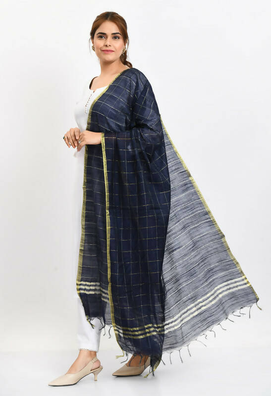Navy Blue Cotton Zari Box Pattern Dupatta