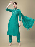 Women wearing a Rama colored straight cotton blend kurta with embroidery and lace work, paired with trousers and dupatta.