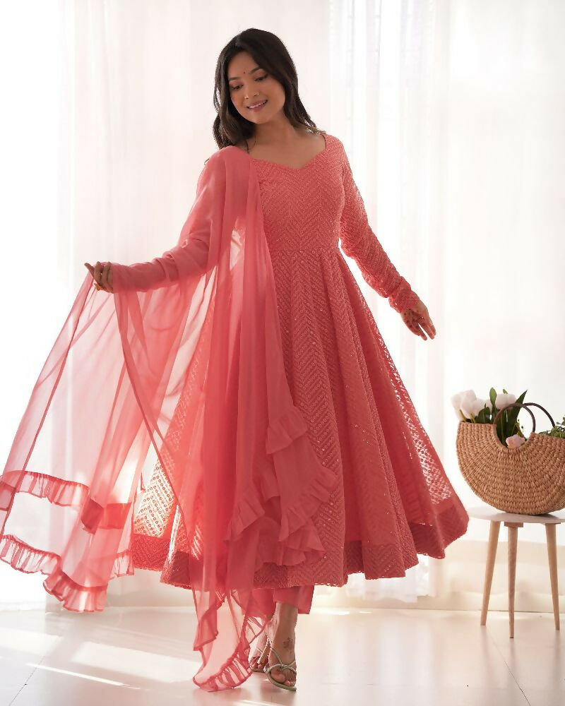 Peach Kurta Set with Georgette Sequin Embroidery Work (3-Piece)