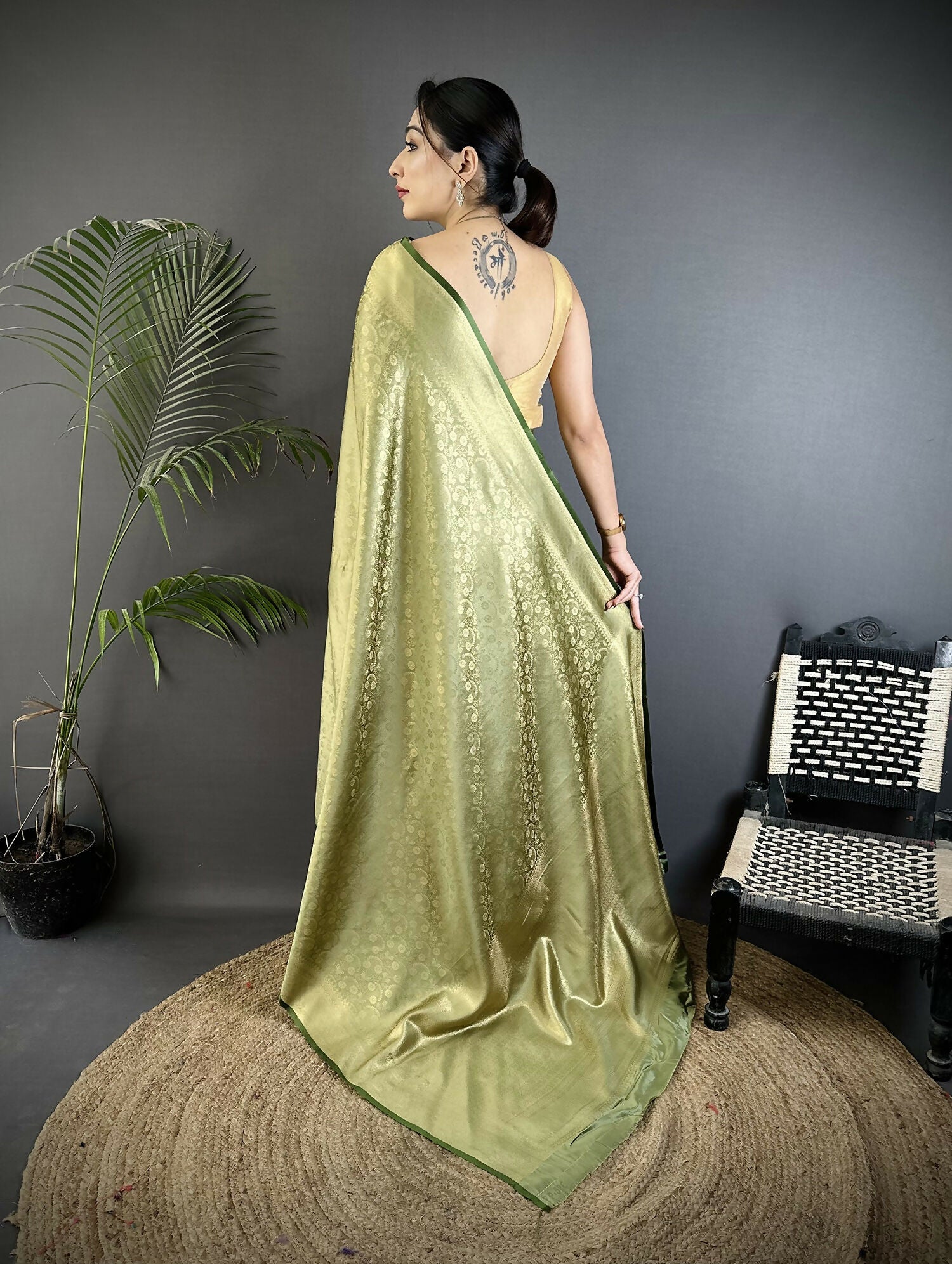 Olive Green Floral & Paisley Motif Soft Satin Silk Banarasi Saree
