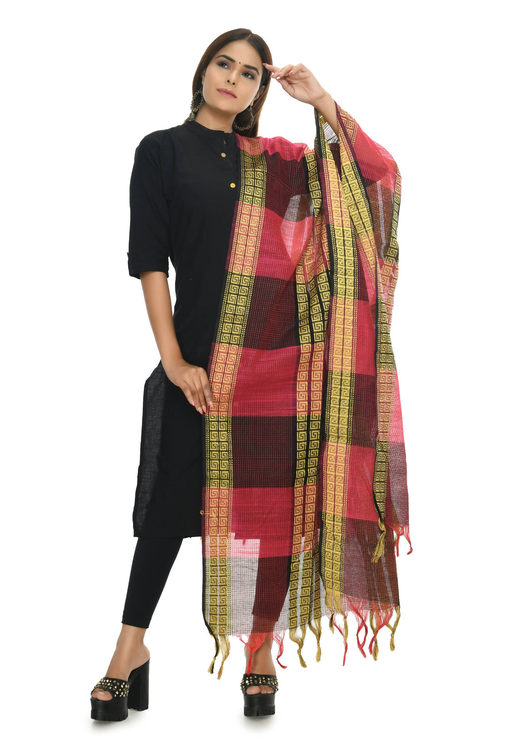 Rani Tone Handloom Cotton Dupatta with Geometric Pattern
