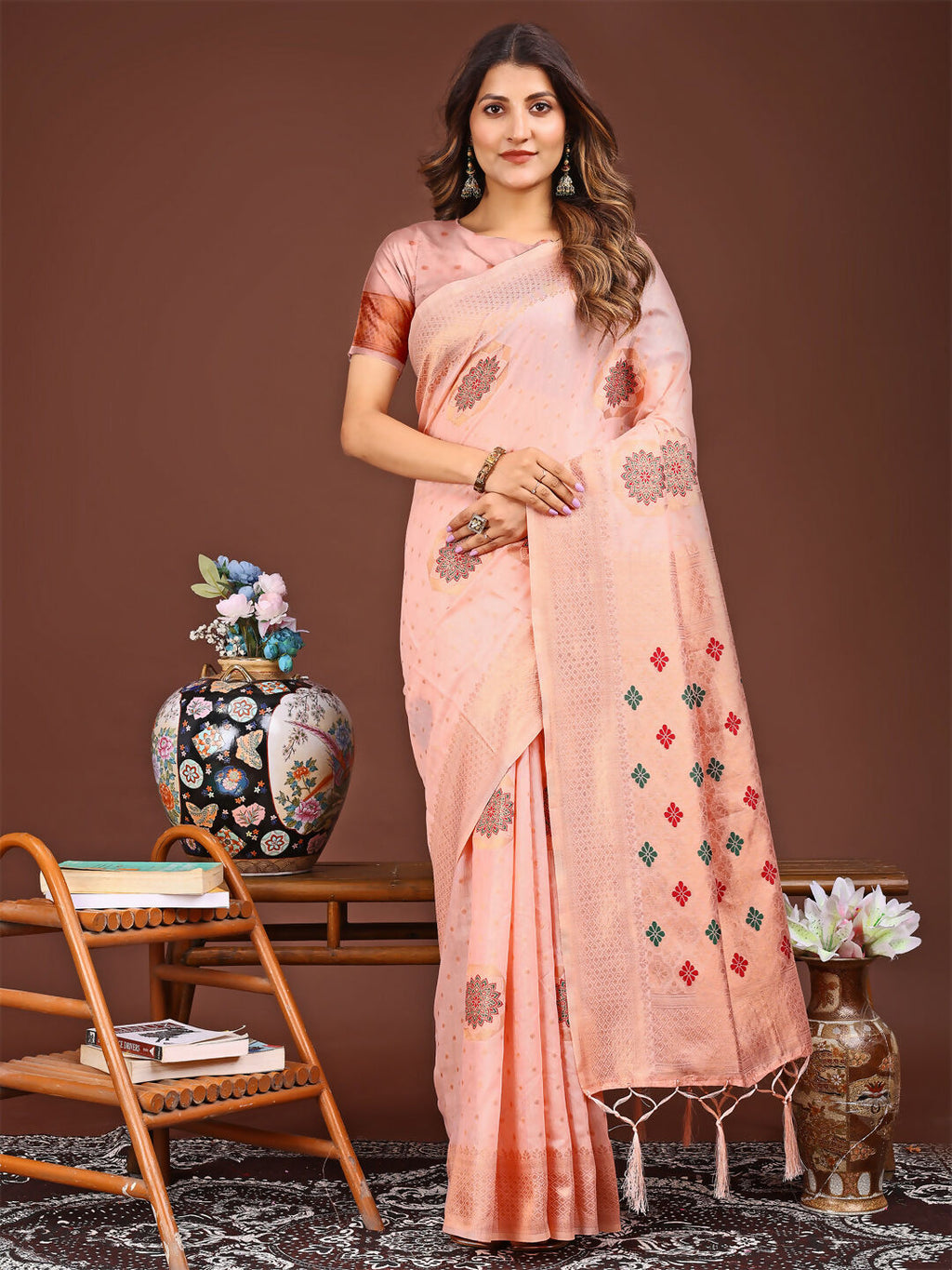 Neerja peach linen cotton saree showing delicate fabric texture and drape.