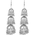 Afghani Kashmiri tribal triple jhumka dangle earrings with oxidized silver finish.