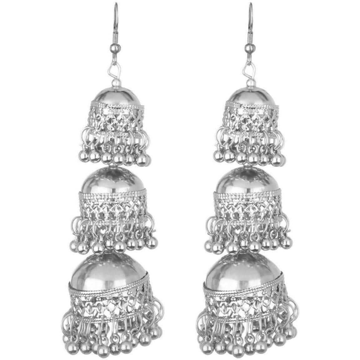 Afghani Kashmiri tribal triple jhumka dangle earrings with oxidized silver finish.